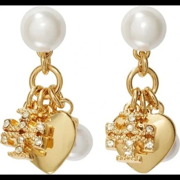 NWOT Tory Burch Kira Gold, Logo, Pearl Charm Dangle Earring’s - Picture 1 of 5